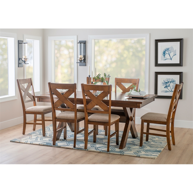 Pemberly Row 7 Pc Dining Set X-Back Chairs w/ Polyester Seat in Hazelnut