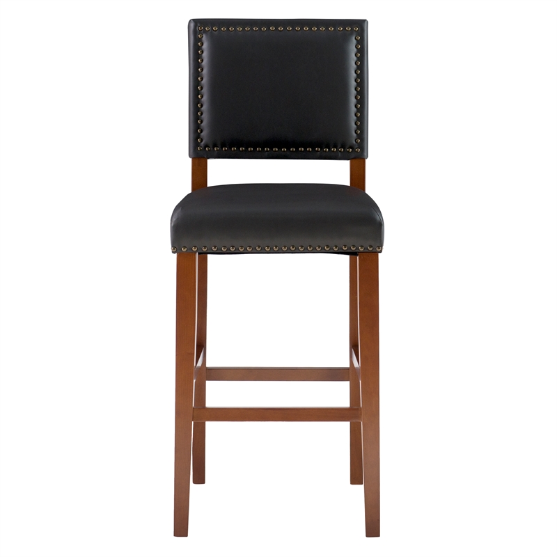 Pemberly Row 30 in Wood Bar Stool in Black Faux Leather with Cherry Finish