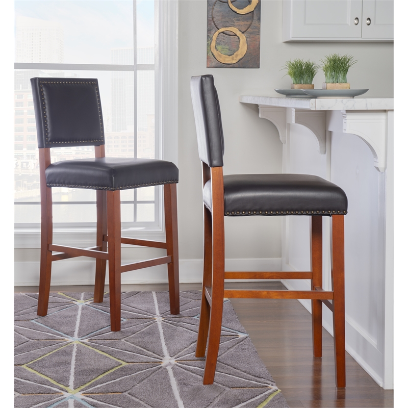 Pemberly Row 30 in Wood Bar Stool in Black Faux Leather with Cherry Finish