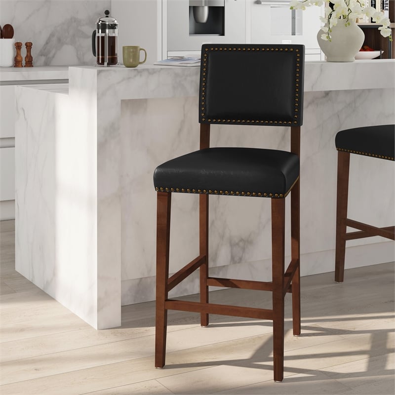 Pemberly Row 30 in Wood Bar Stool in Black Faux Leather with Cherry Finish