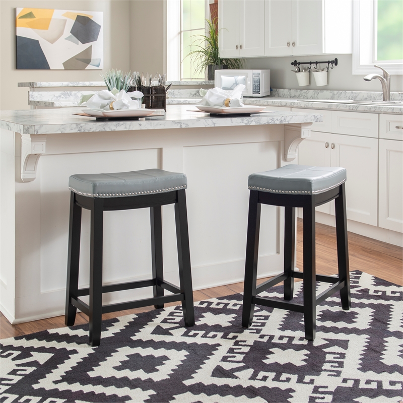 Pemberly Row Backless Counter Stool with Gray Faux Leather and Black Frame