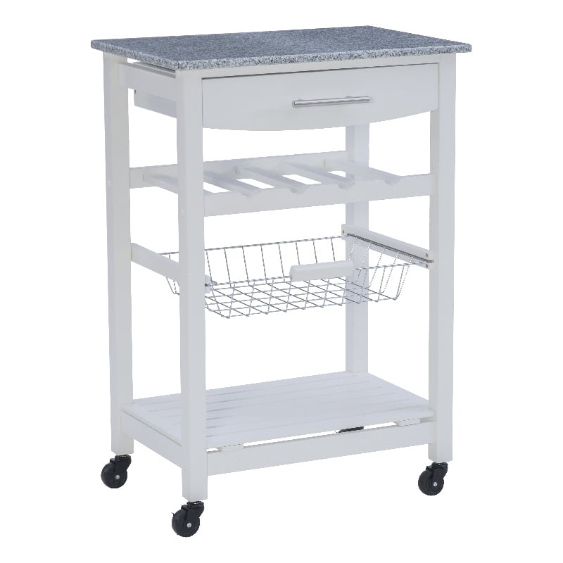 Pemberly Row Granite Top Rolling Kitchen Island with Storage in White