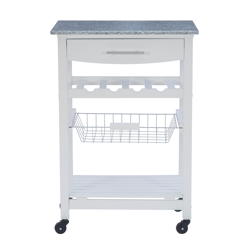 Pemberly Row Granite Top Rolling Kitchen Island with Storage in White