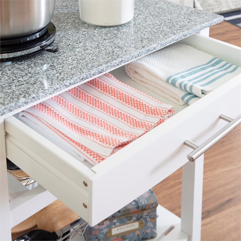 Pemberly Row Granite Top Rolling Kitchen Island with Storage in White