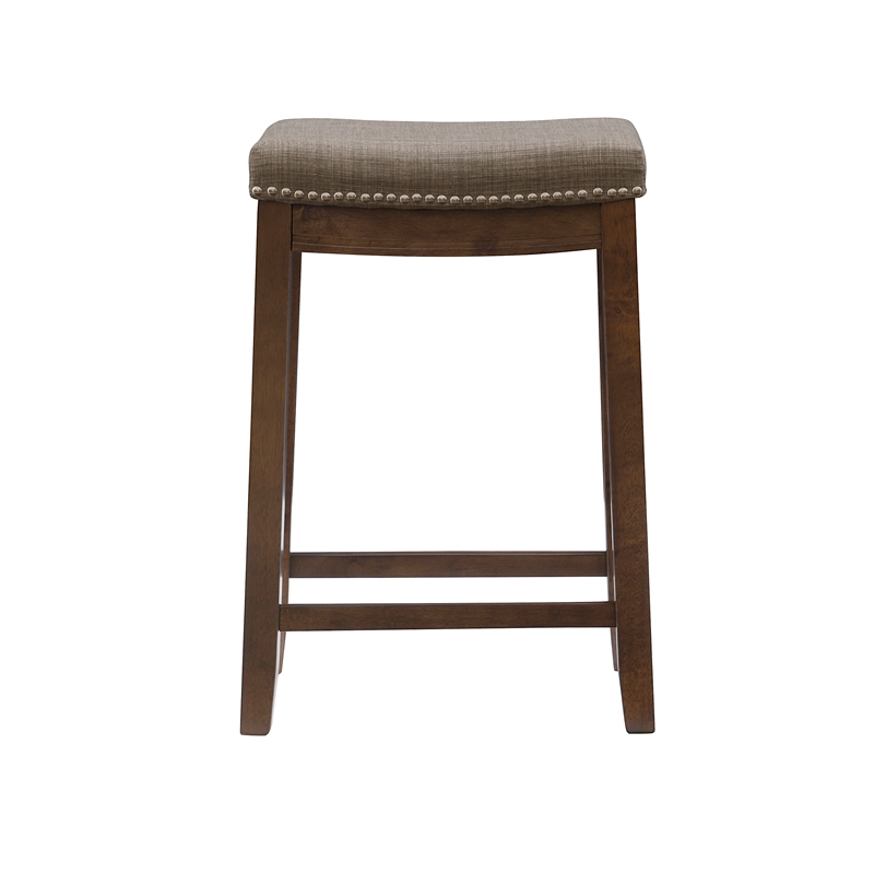 Pemberly Row Counter Stool Gray Linen-Weave Seat and Wood Frame in Rustic Brown