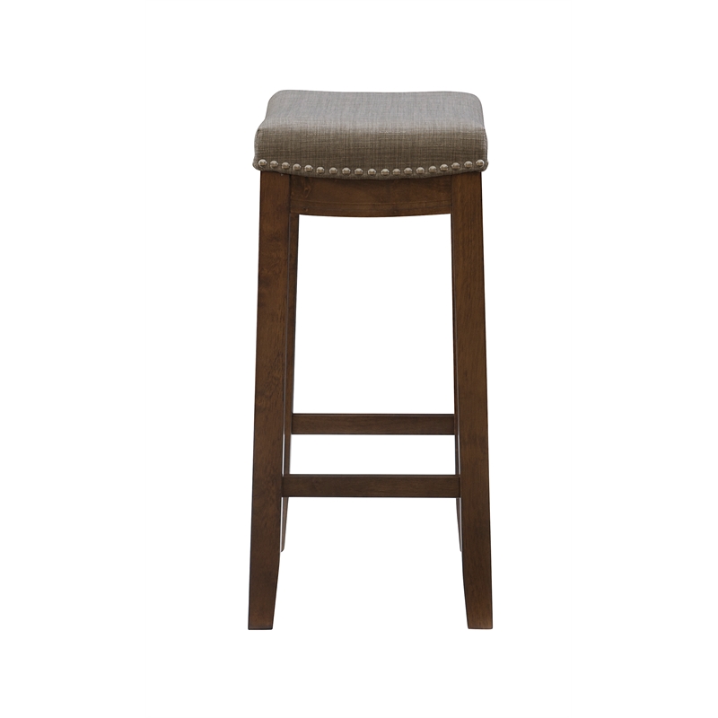 Pemberly Row Counter Stool Gray Linen-Weave Seat and Wood Frame in Rustic Brown