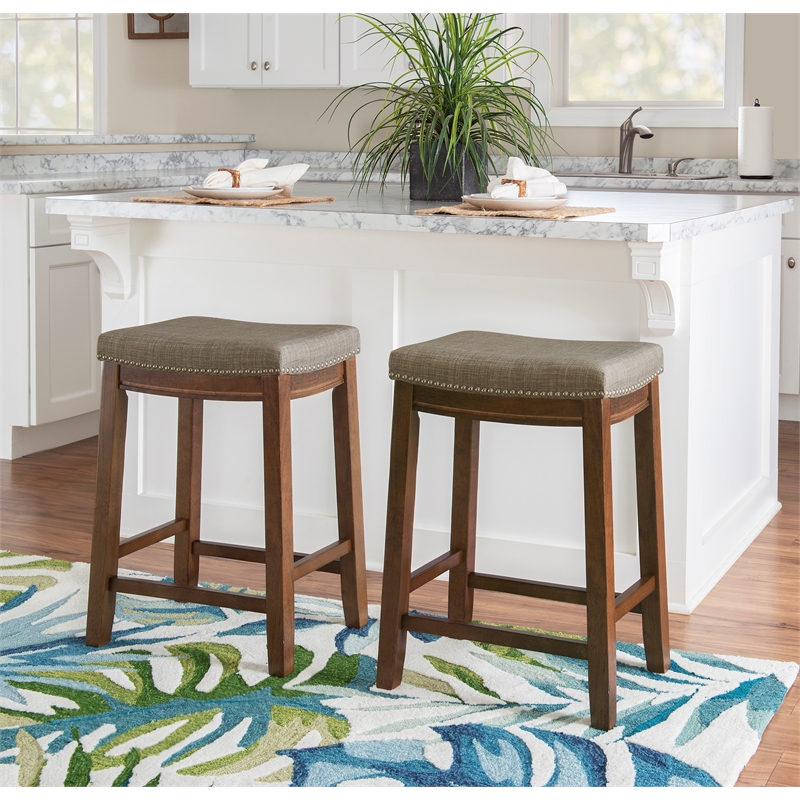 Pemberly Row Counter Stool Gray Linen-Weave Seat and Wood Frame in Rustic Brown