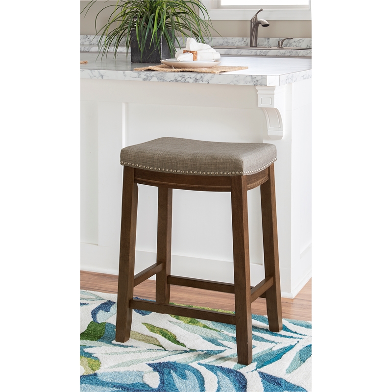 Pemberly Row Counter Stool Gray Linen-Weave Seat and Wood Frame in Rustic Brown