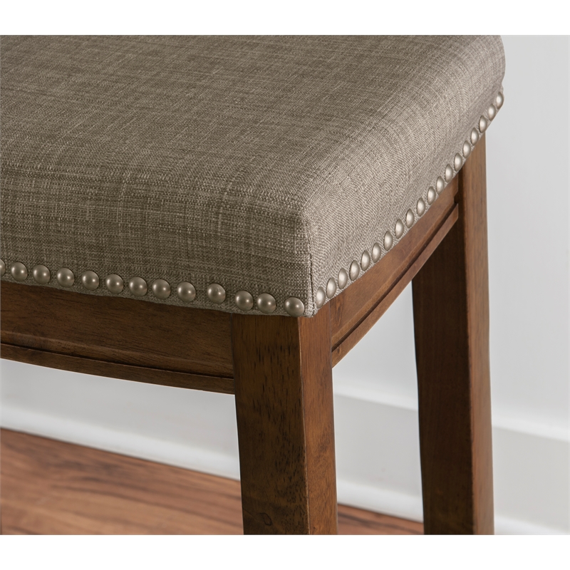 Pemberly Row Counter Stool Gray Linen-Weave Seat and Wood Frame in Rustic Brown