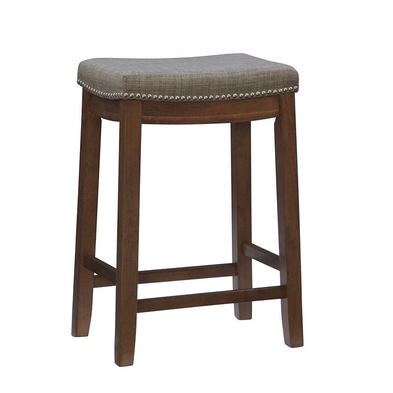 Pemberly Row Counter Stool Gray Linen-Weave Seat and Wood Frame in Rustic Brown