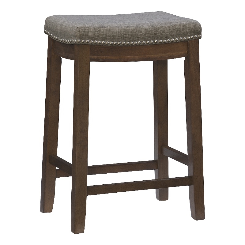 Pemberly Row Counter Stool Gray Linen-Weave Seat and Wood Frame in Rustic Brown