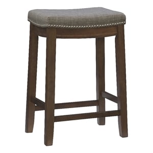 Pemberly Row Counter Stool Gray Linen-Weave Seat and Wood Frame in Rustic Brown