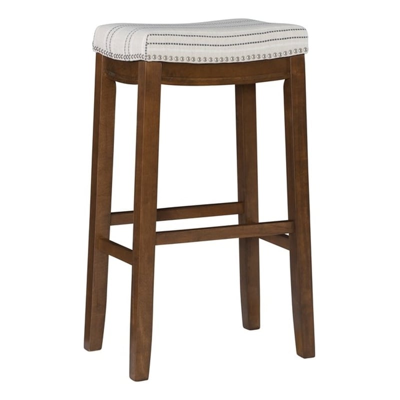 Pemberly Row Bar Stool with Striped Linen Seat & Wood Frame in Brown