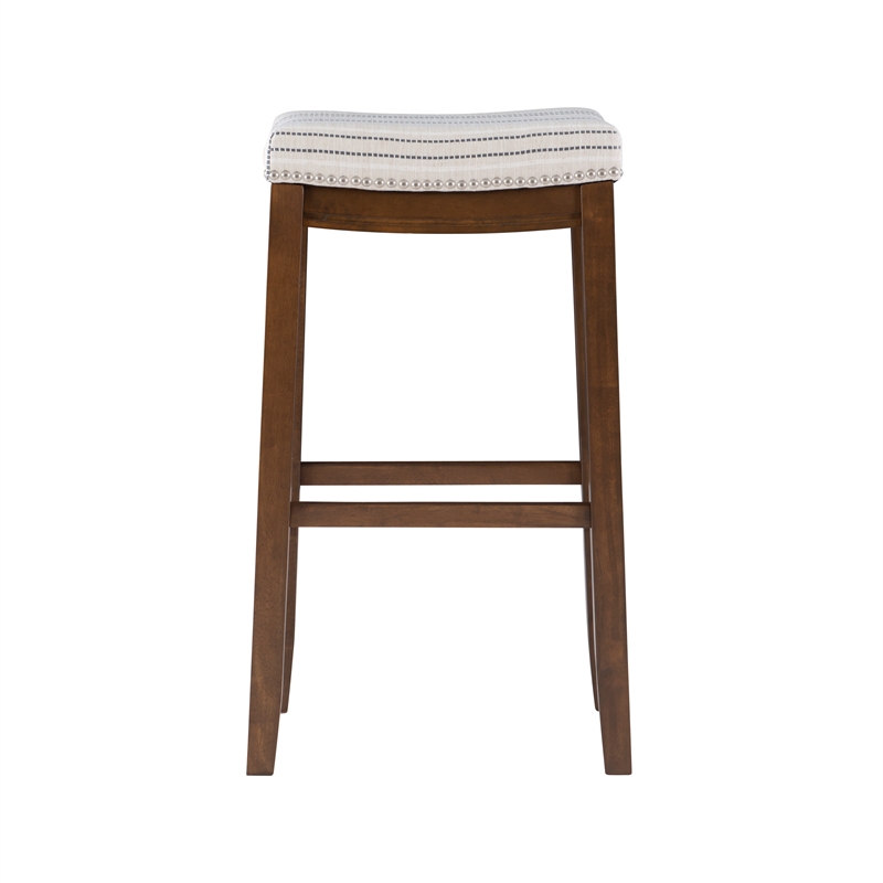 Pemberly Row Bar Stool with Striped Linen Seat & Wood Frame in Brown
