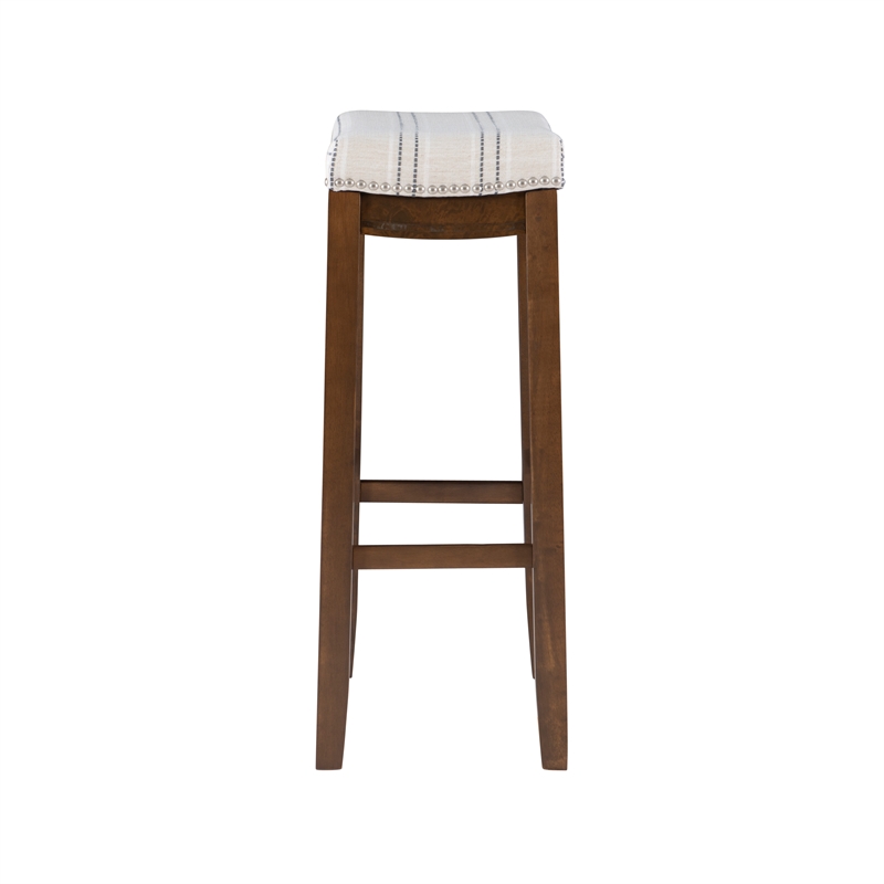 Pemberly Row Bar Stool with Striped Linen Seat & Wood Frame in Brown