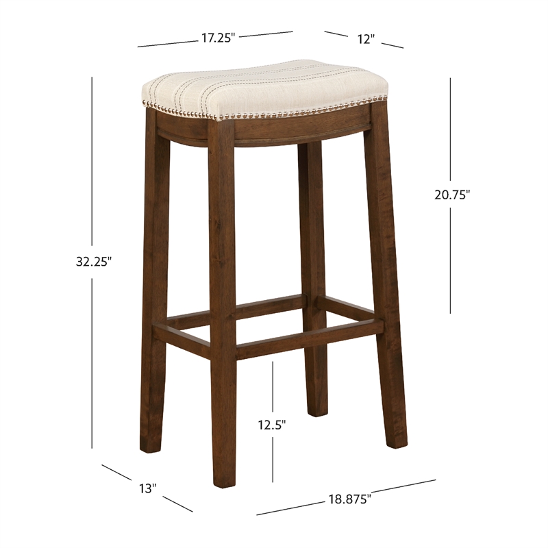 Pemberly Row Bar Stool with Striped Linen Seat & Wood Frame in Brown