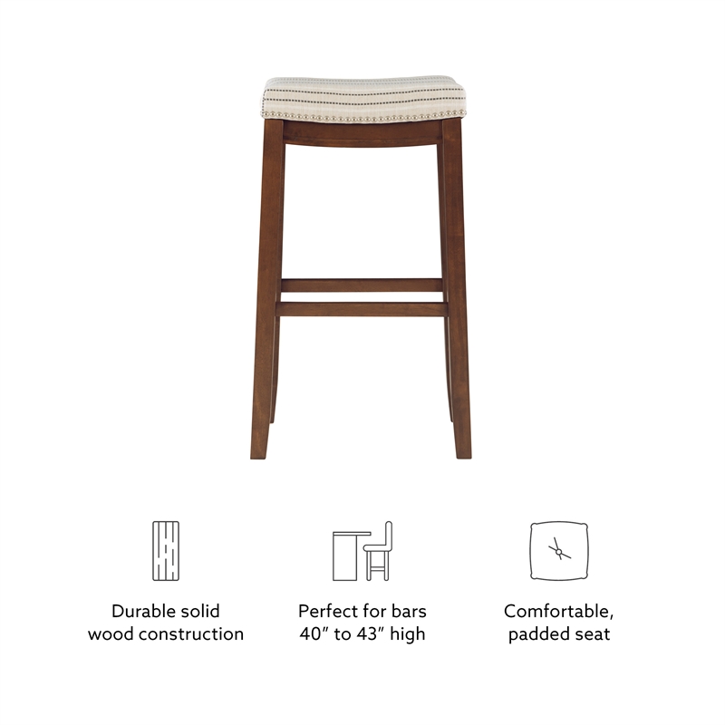 Pemberly Row Bar Stool with Striped Linen Seat & Wood Frame in Brown