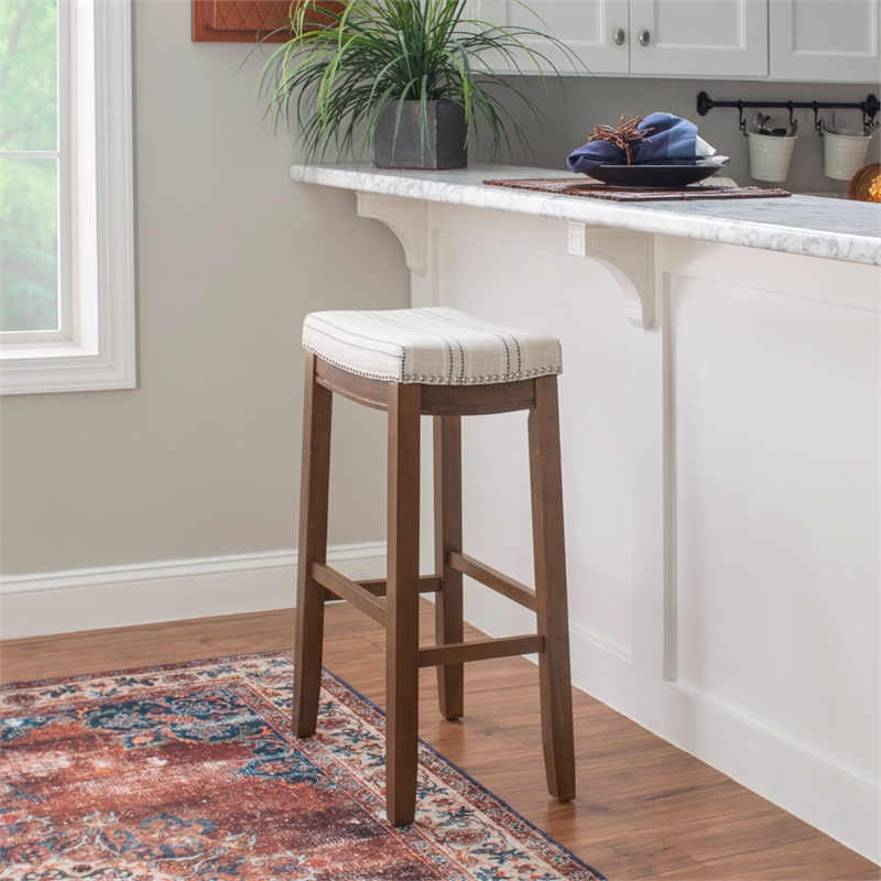 Pemberly Row Bar Stool with Striped Linen Seat & Wood Frame in Brown