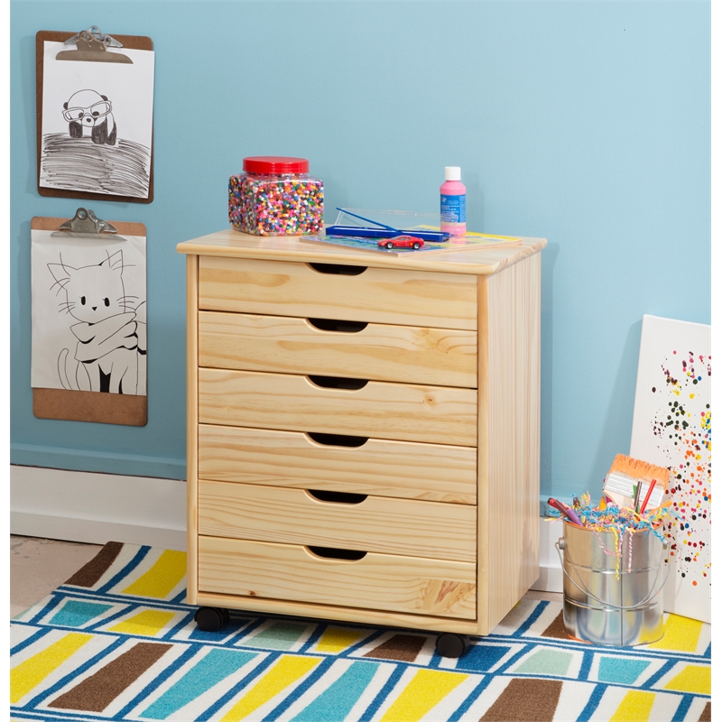 Pemberly Row Six Drawer Rolling Storage Cart in Natural Wood Finish