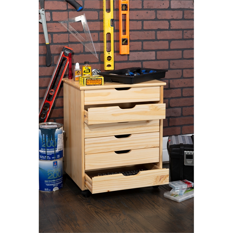 Pemberly Row Six Drawer Rolling Storage Cart in Natural Wood Finish