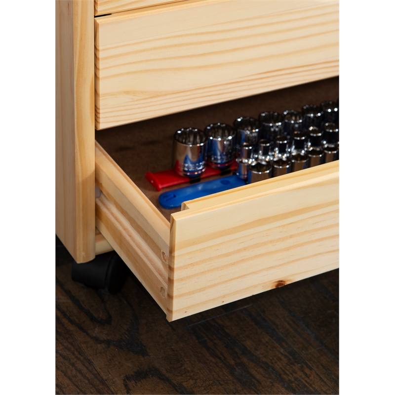 Pemberly Row Six Drawer Rolling Storage Cart in Natural Wood Finish