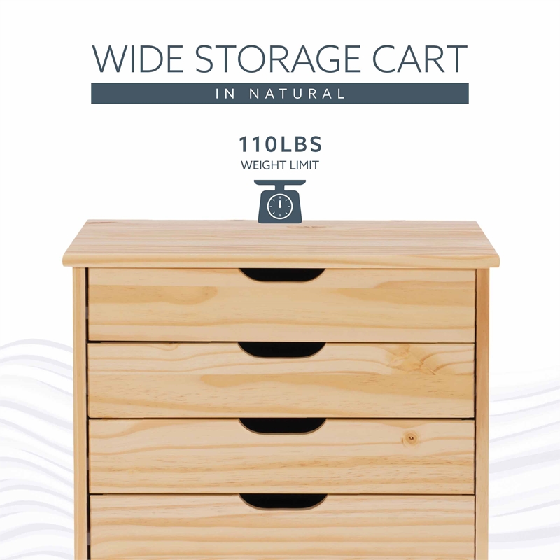Pemberly Row Six Drawer Rolling Storage Cart in Natural Wood Finish