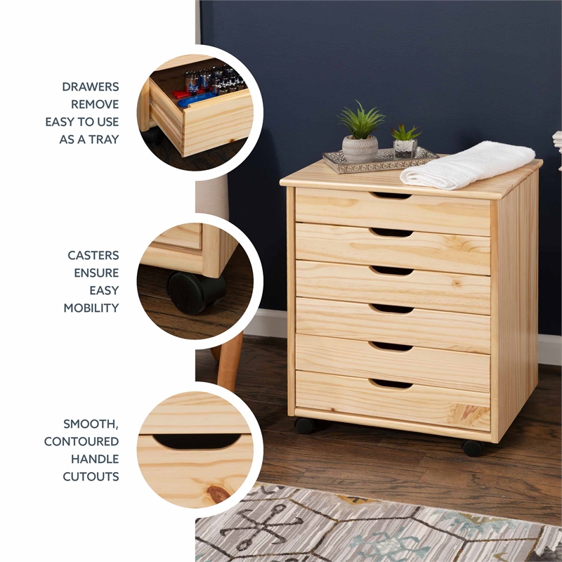 Pemberly Row Six Drawer Rolling Storage Cart in Natural Wood Finish