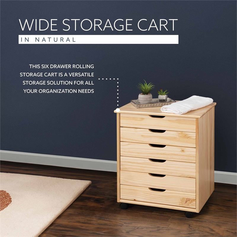 Pemberly Row Six Drawer Rolling Storage Cart in Natural Wood Finish