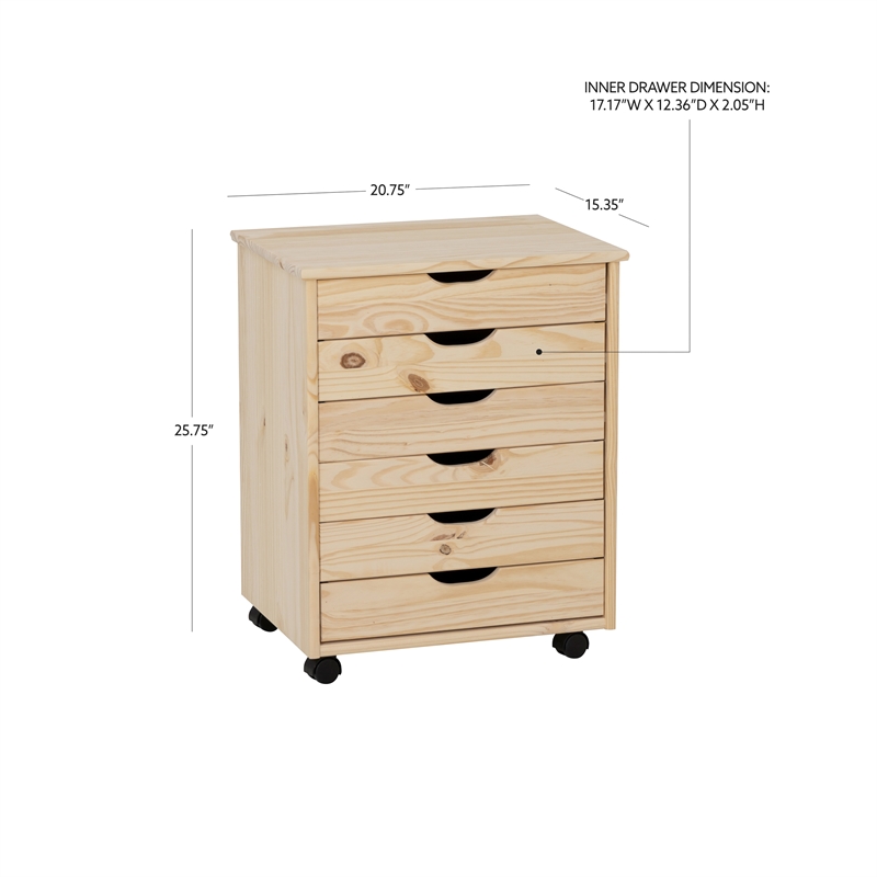 Pemberly Row Six Drawer Rolling Storage Cart in Natural Wood Finish