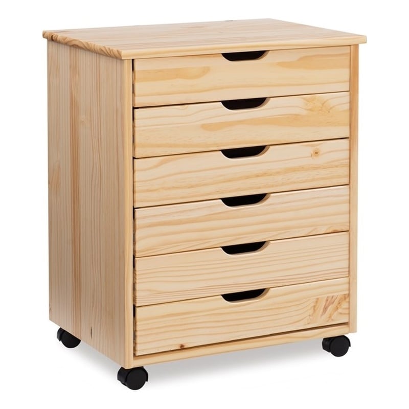 Pemberly Row Six Drawer Rolling Storage Cart in Natural Wood Finish