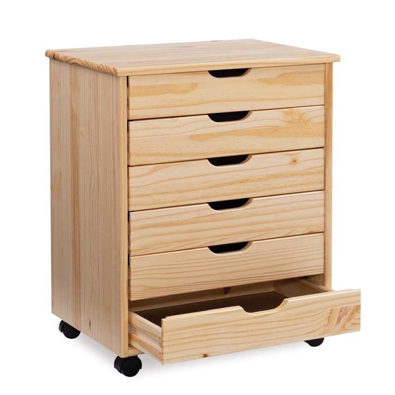Pemberly Row Six Drawer Rolling Storage Cart in Natural Wood Finish