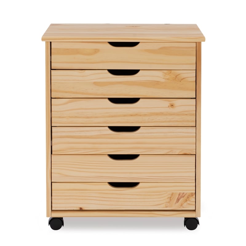 Pemberly Row Six Drawer Rolling Storage Cart in Natural Wood Finish