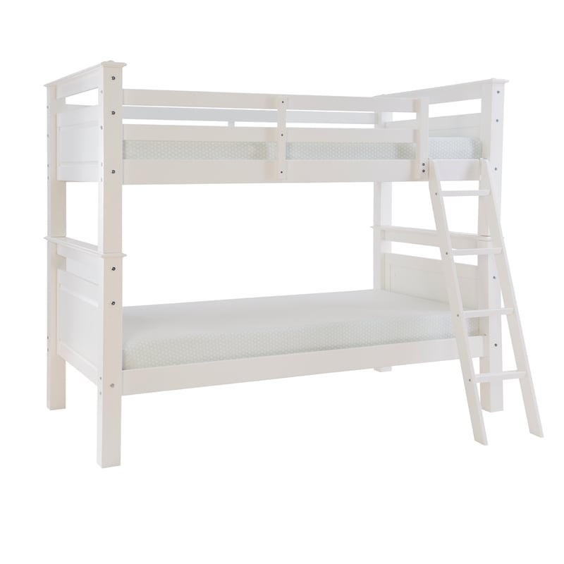 Pemberly Row Twin Over Twin Pine Wood Bunk Bed with Ladder in White
