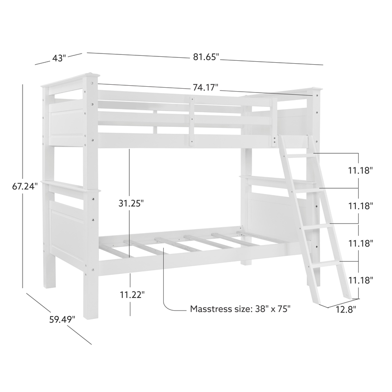 Pemberly Row Twin Over Twin Pine Wood Bunk Bed with Ladder in White