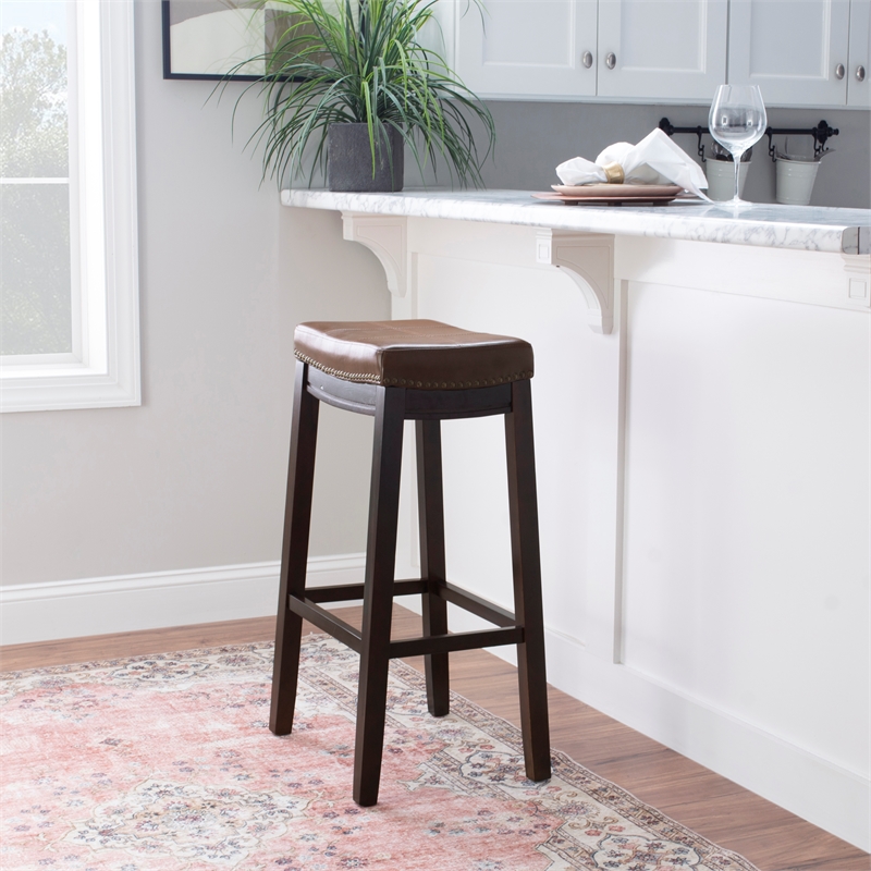 Pemberly Row Bar Stool Cognac Faux Leather Saddle Seat in Espresso Finish