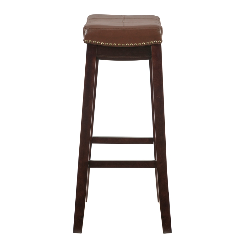 Pemberly Row Bar Stool Cognac Faux Leather Saddle Seat in Espresso Finish