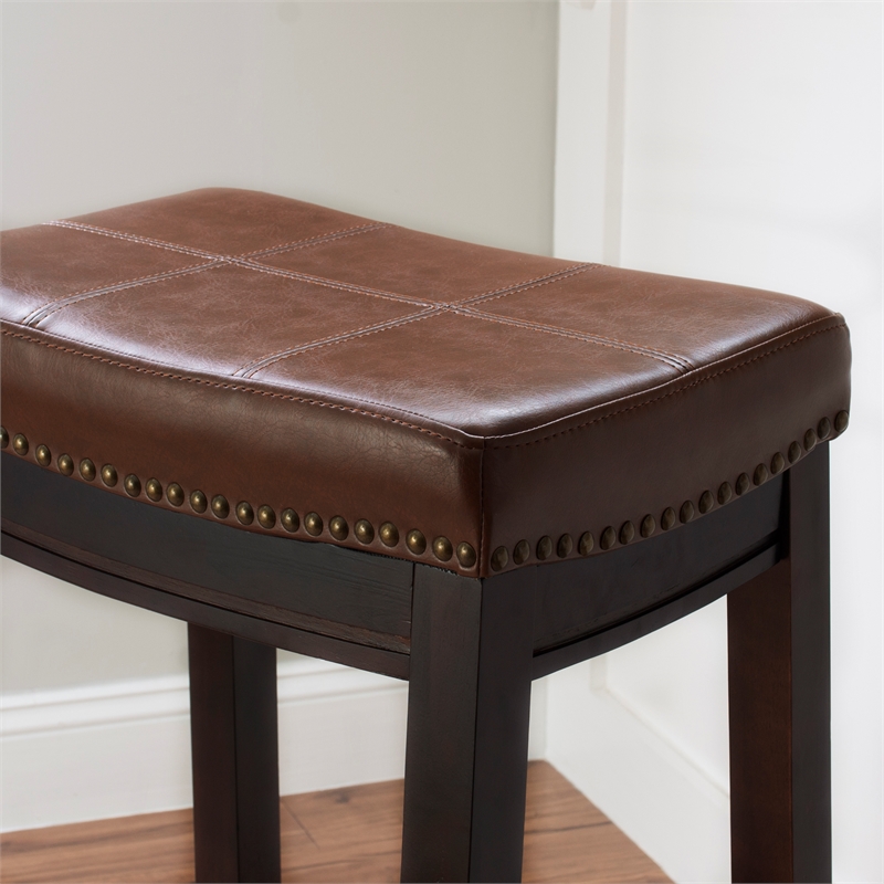 Pemberly Row Bar Stool Cognac Faux Leather Saddle Seat in Espresso Finish