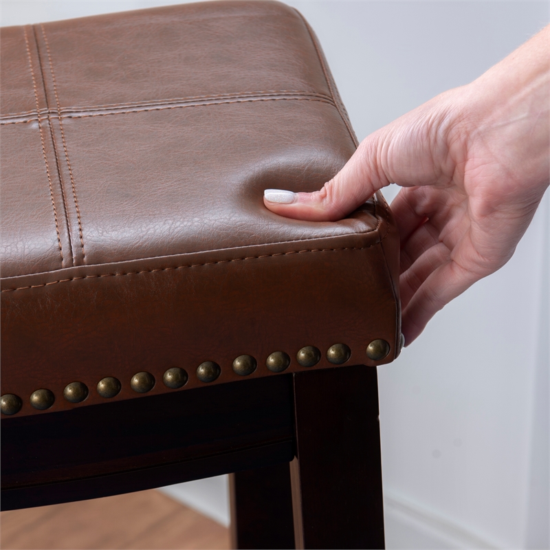 Pemberly Row Bar Stool Cognac Faux Leather Saddle Seat in Espresso Finish