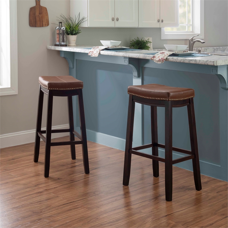 Pemberly Row Bar Stool Cognac Faux Leather Saddle Seat in Espresso Finish