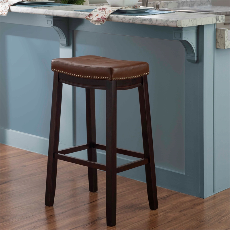 Pemberly Row Bar Stool Cognac Faux Leather Saddle Seat in Espresso Finish
