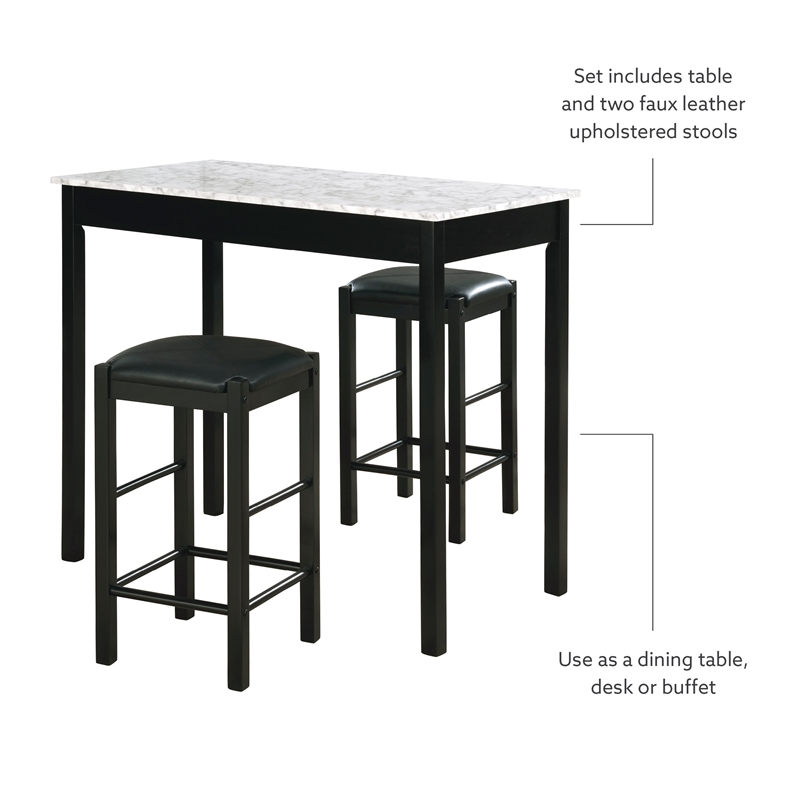 Pemberly Row 3 Piece Wood & Faux Marble Tavern Set with Backless Stools