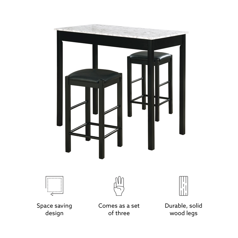 Pemberly Row 3 Piece Wood & Faux Marble Tavern Set with Backless Stools