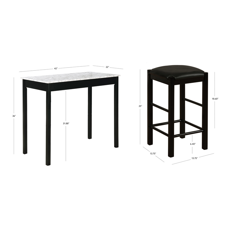 Pemberly Row 3 Piece Wood & Faux Marble Tavern Set with Backless Stools
