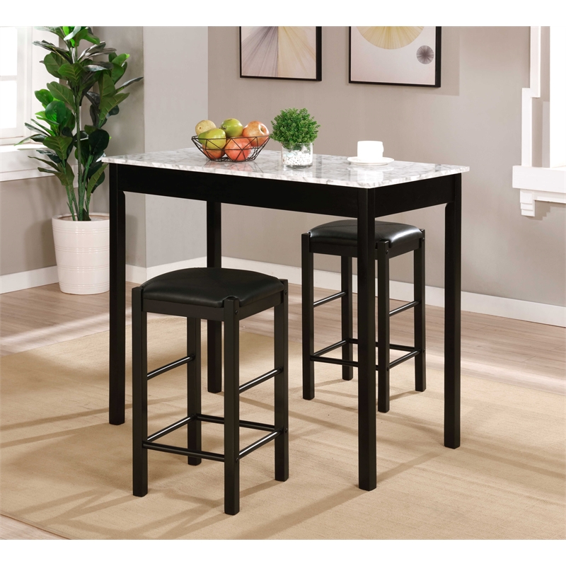Pemberly Row 3 Piece Wood & Faux Marble Tavern Set with Backless Stools
