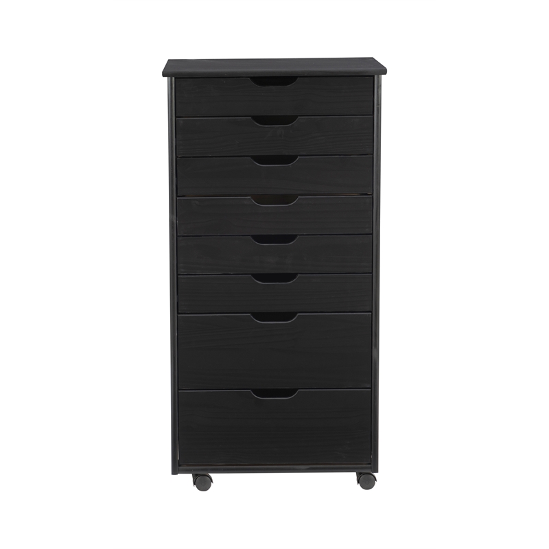 Pemberly Row Eight Drawer Rolling Storage Cart in Black Wood Finish