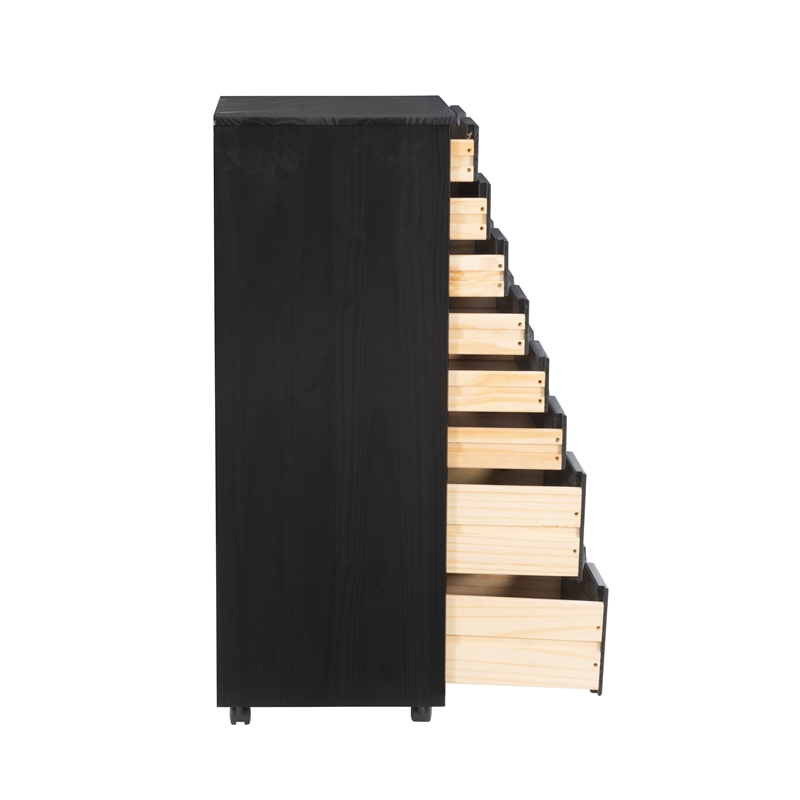 Pemberly Row Eight Drawer Rolling Storage Cart in Black Wood Finish