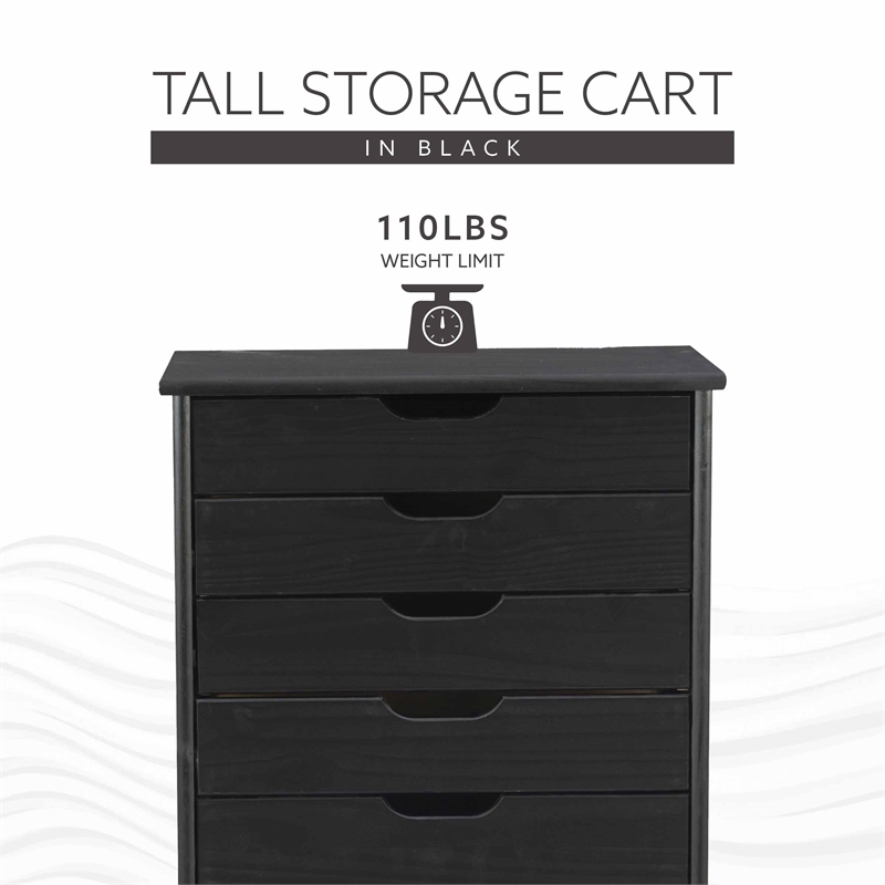 Pemberly Row Eight Drawer Rolling Storage Cart in Black Wood Finish