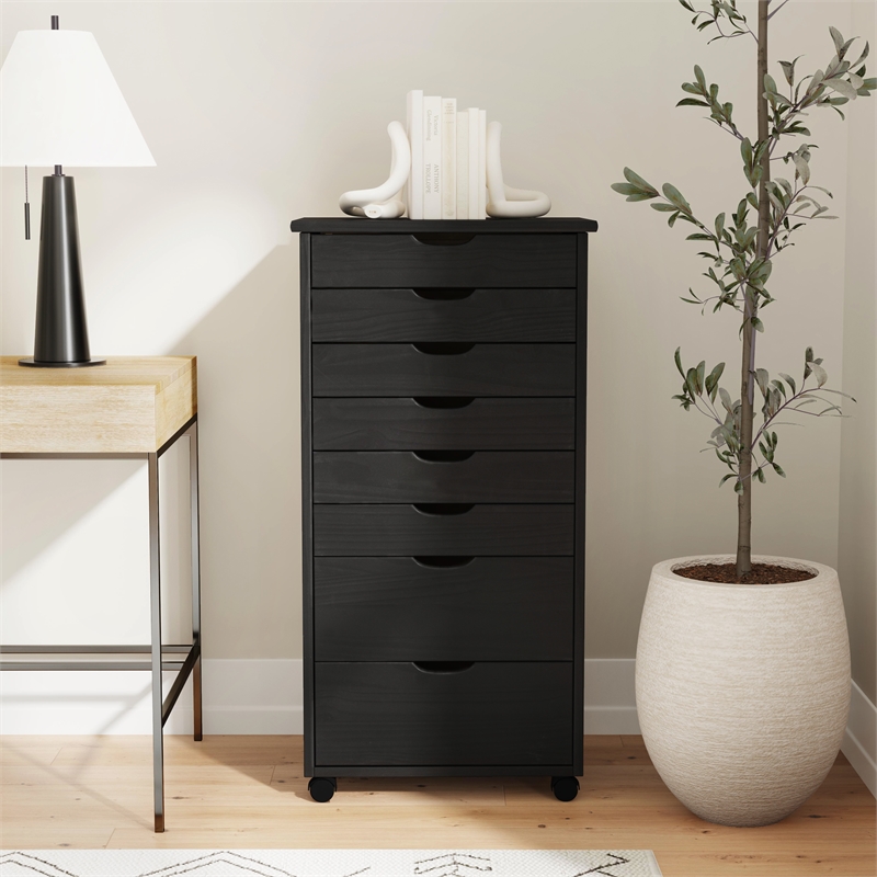 Pemberly Row Eight Drawer Rolling Storage Cart in Black Wood Finish