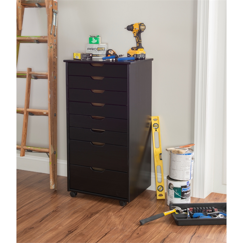 Pemberly Row Eight Drawer Rolling Storage Cart in Black Wood Finish