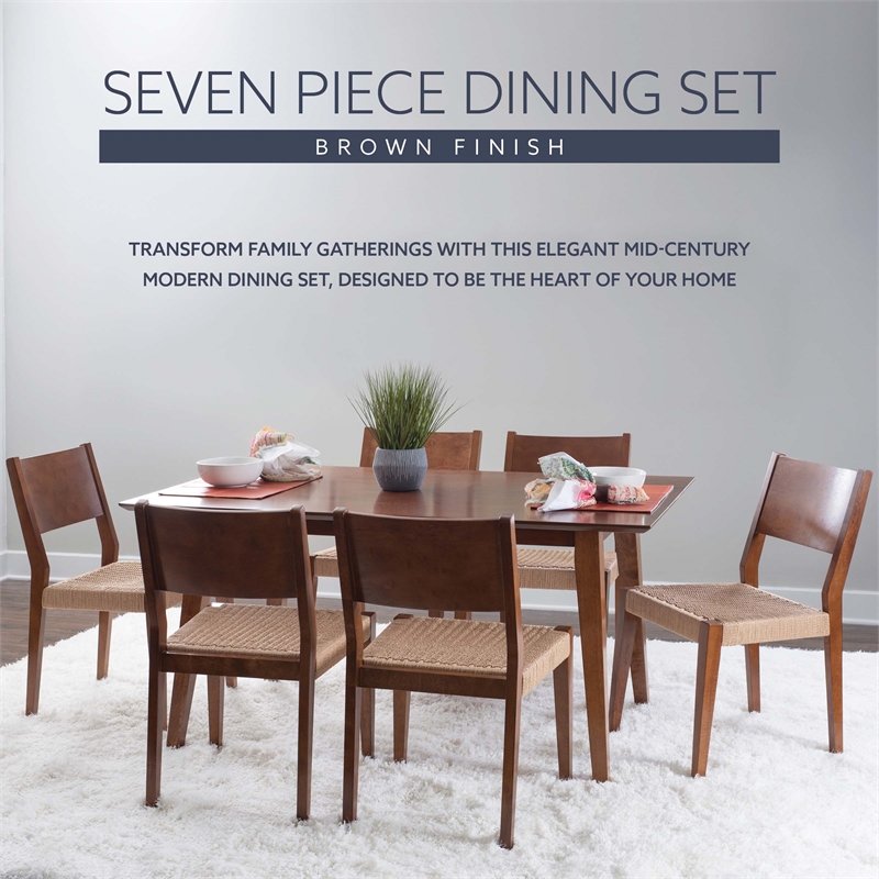 Pemberly Row 7 Pc Dining Set with Woven Rope Seats in Rich Brown Finish